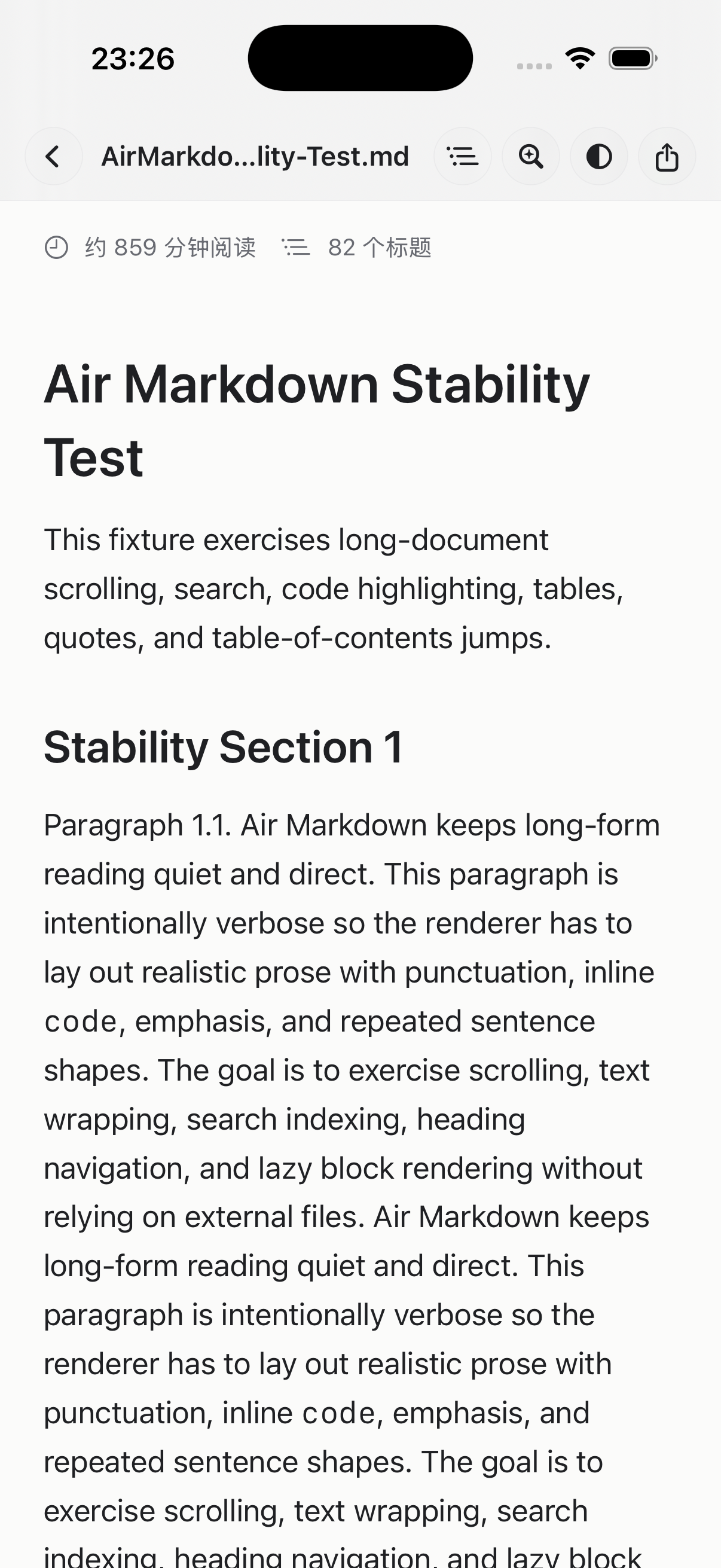 Air Markdown 阅读界面，包含标题、阅读时间和长文档内容